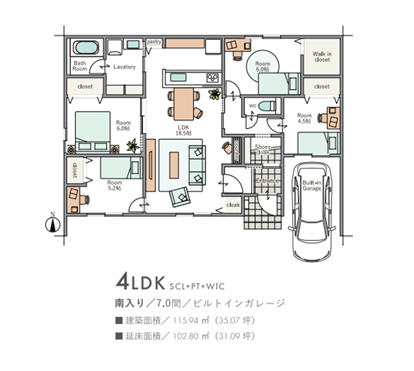 ビルトインガレージの平屋間取り図面