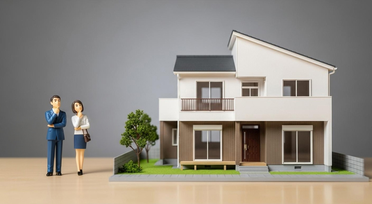 新築住宅の模型を見て検討する夫婦のイメージ
