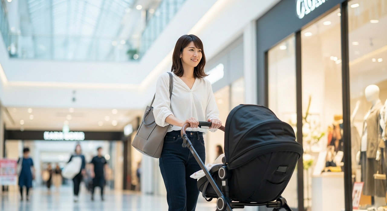 商業施設でベビーカーを押しながら買い物を楽しむ女性