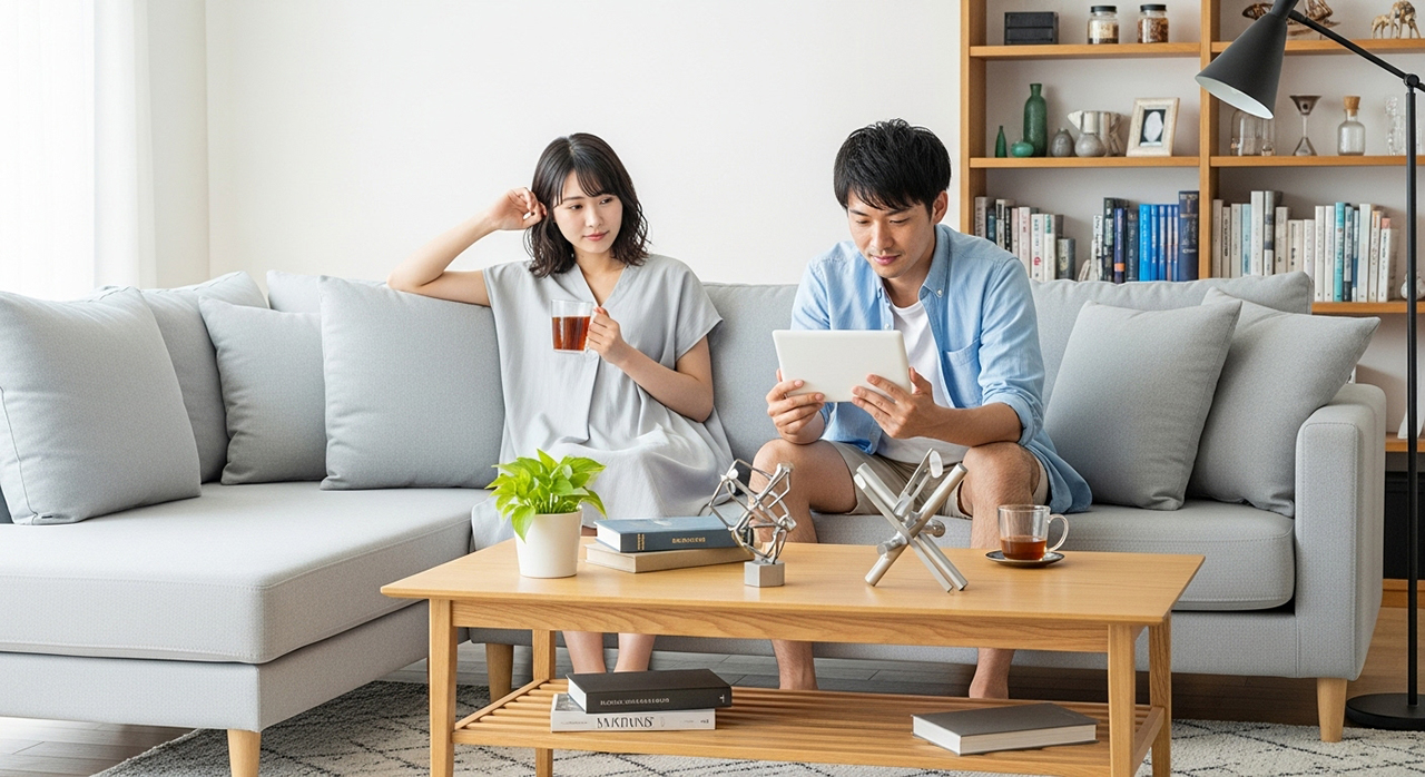 自宅のリビングでタブレットを見ながらくつろぐ夫婦