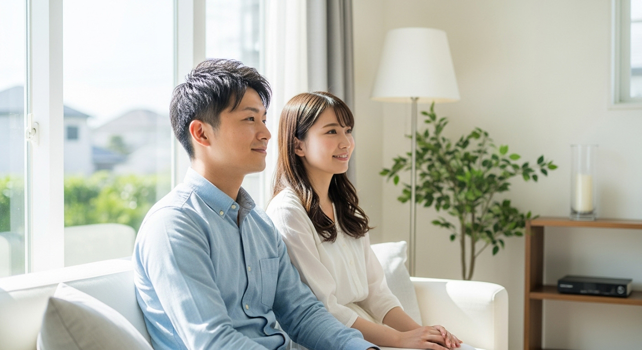 明るいリビングでくつろぐ夫婦