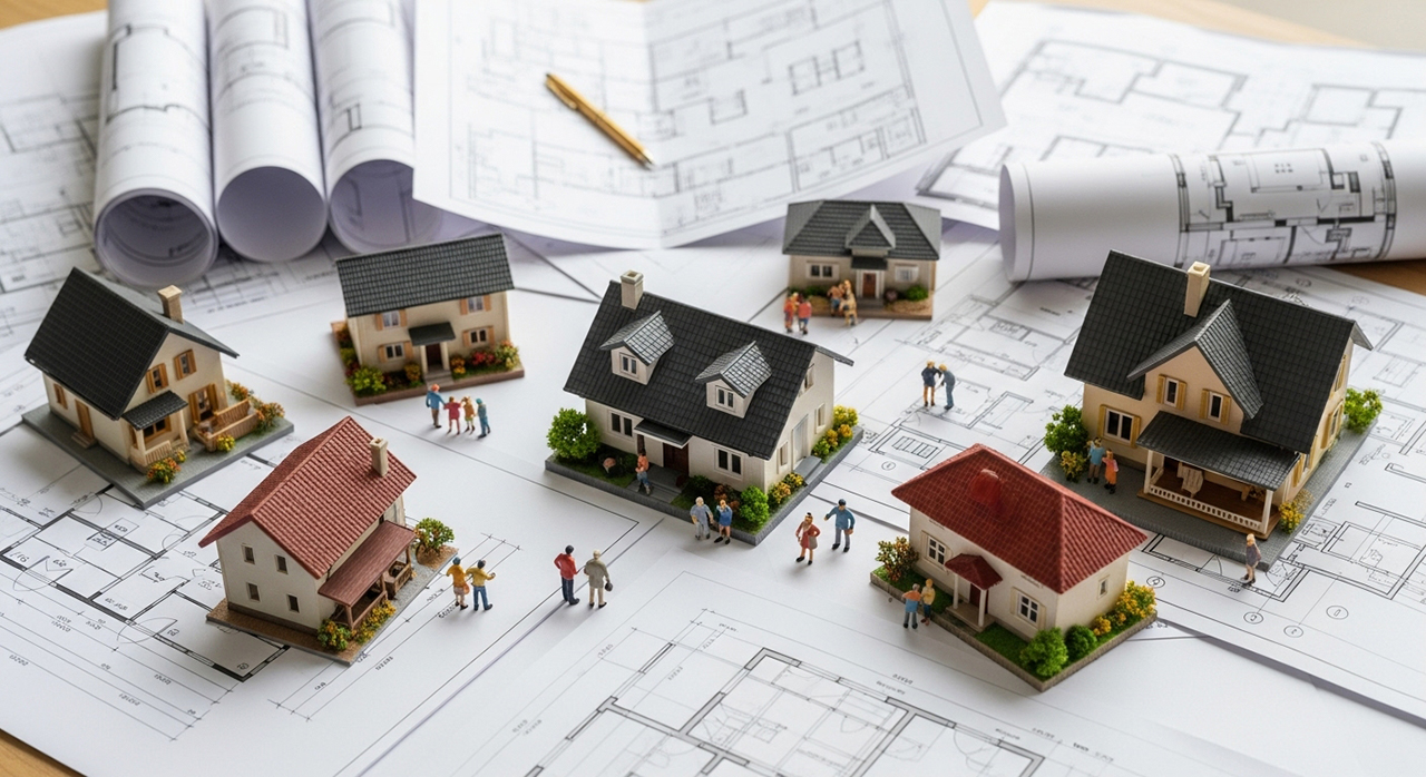 住宅模型と設計図で街づくりを検討する様子