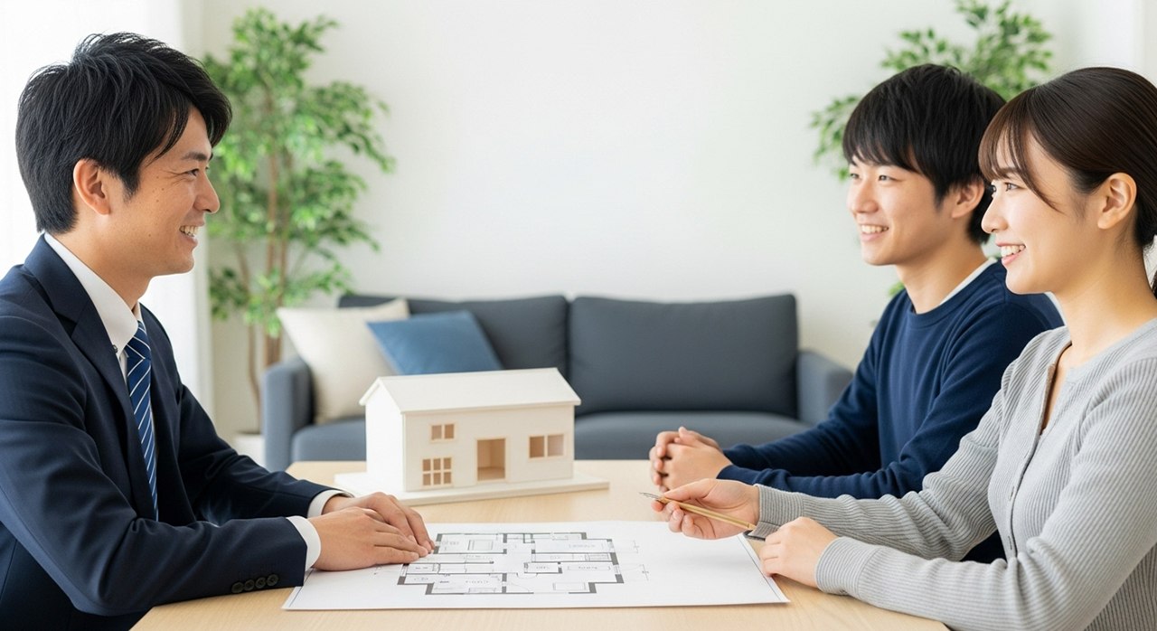 住宅プランを相談する夫婦と担当者