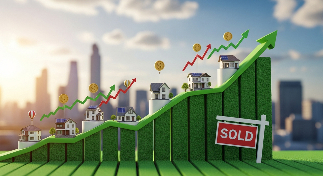 上昇する不動産価格を示すグラフと住宅模型