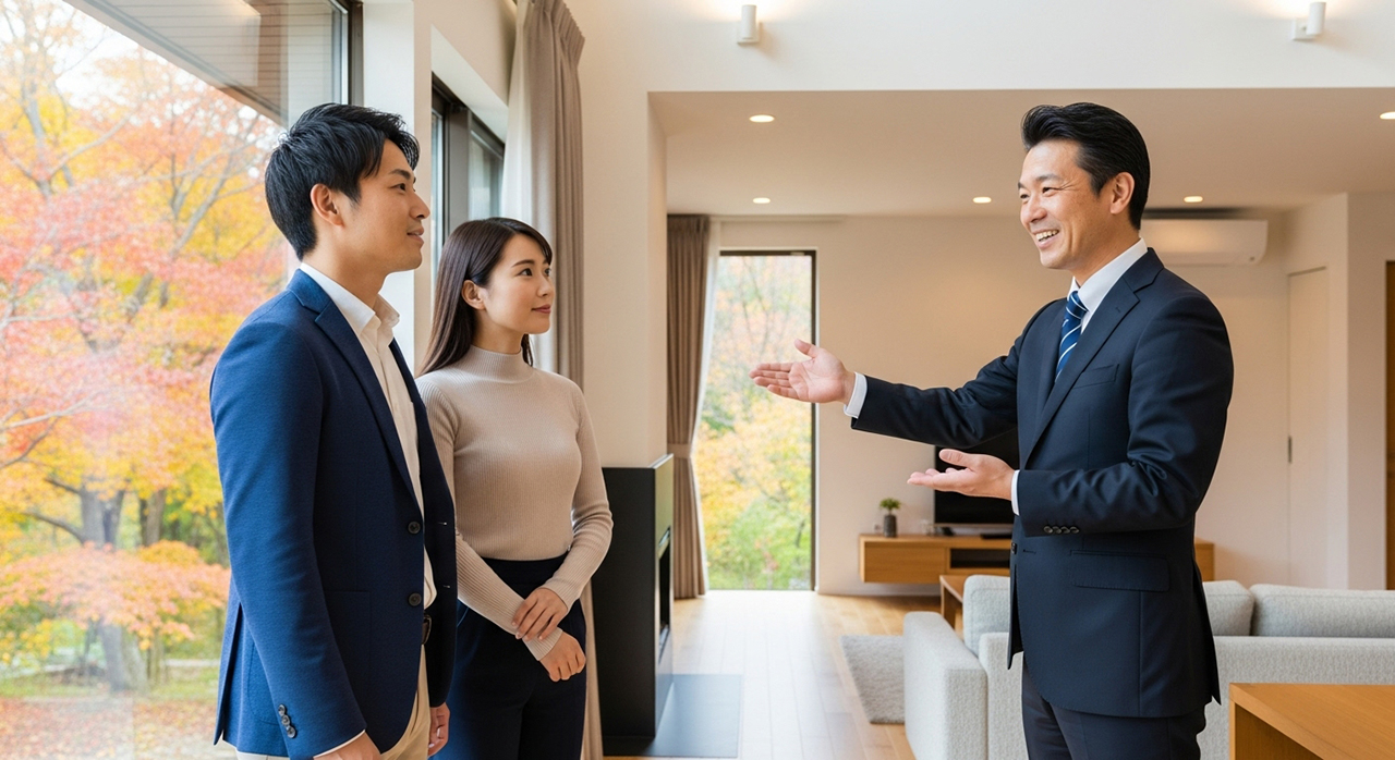 新居を案内する営業担当者と見学者