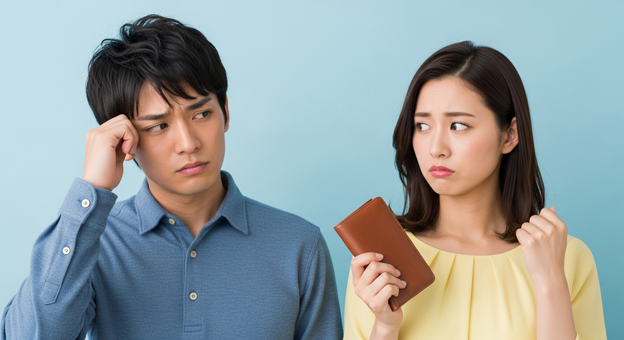 財布を持ちながら不安そうに話す男女