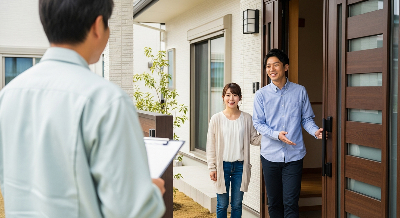 新居の前で業者を迎える笑顔の夫婦