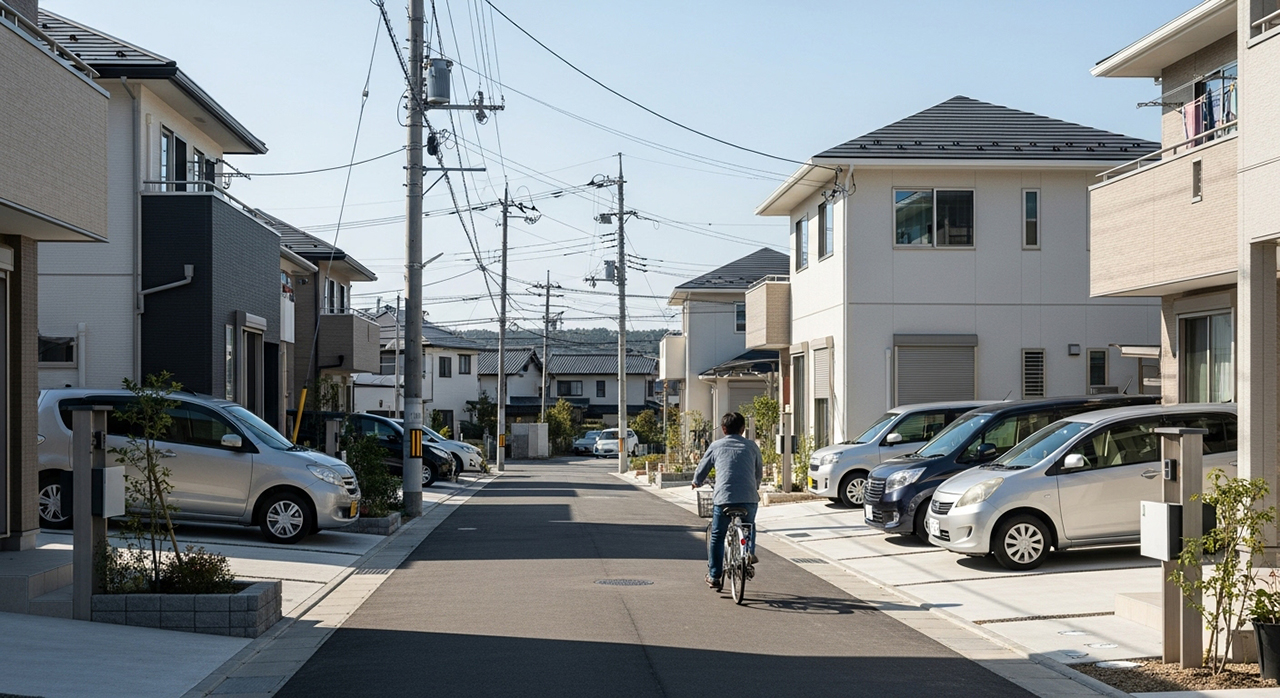 住宅街の道路を自転車で走る人