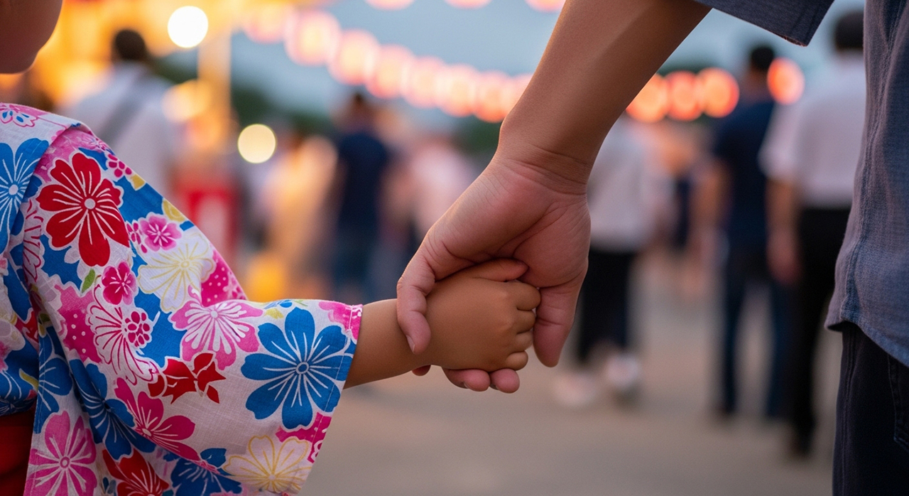 浴衣姿の子どもと手をつなぐ大人
