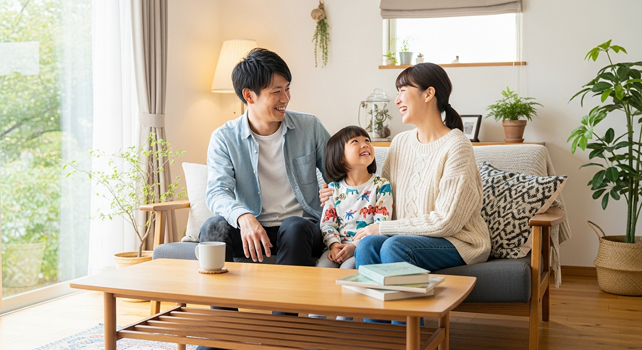 リビングで笑顔の家族団らん