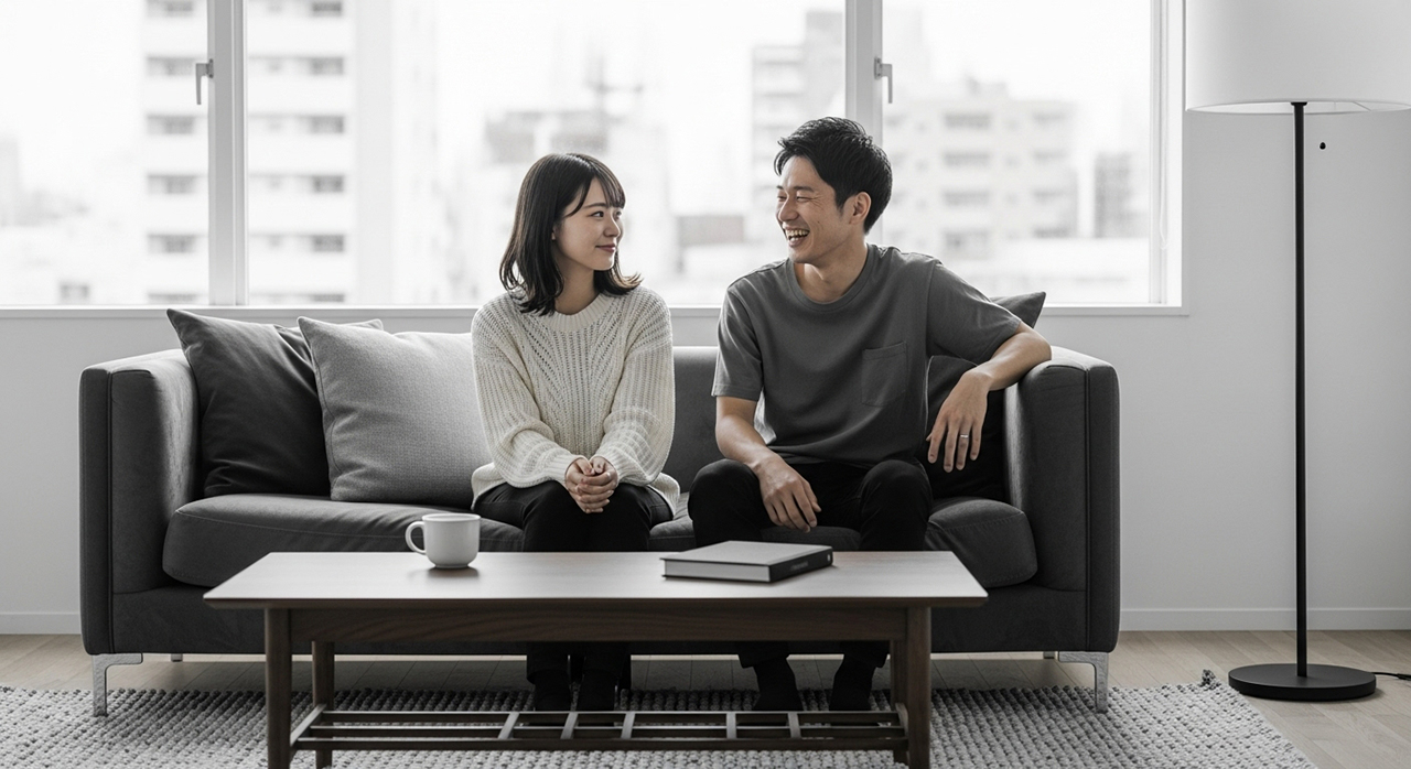 リビングで会話する夫婦