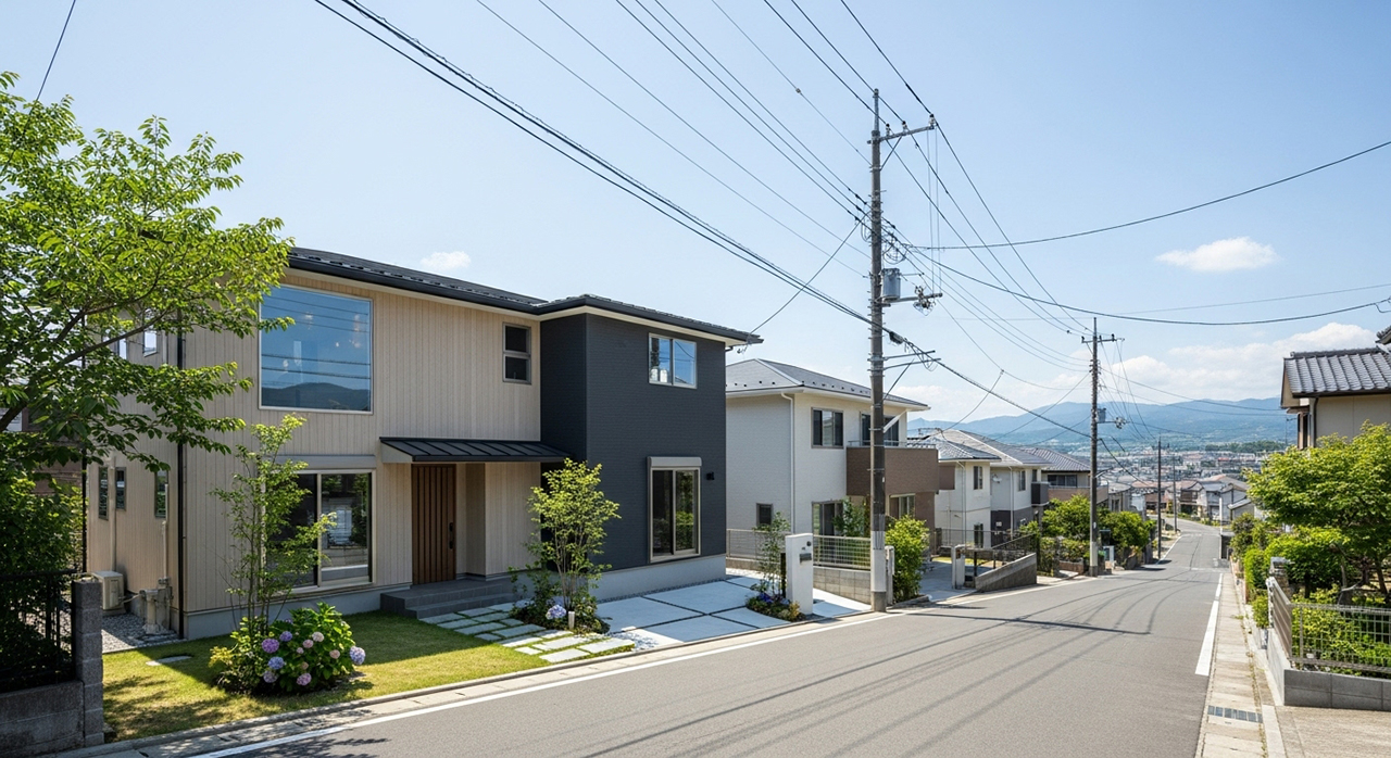 住宅街と青空が広がる街並み