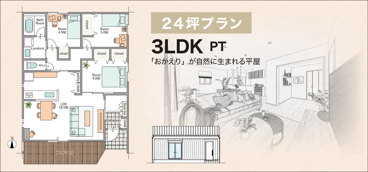 夫婦2人暮らし向けの平屋プランの一例