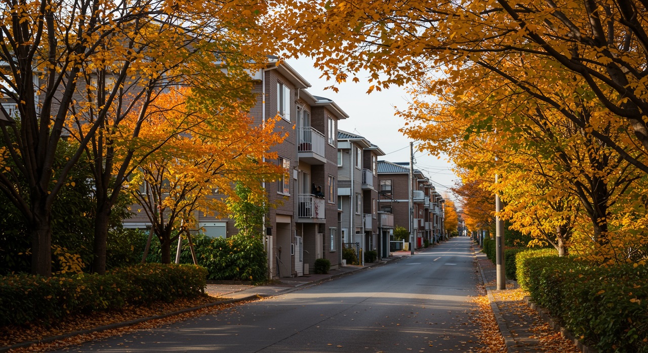 紅葉に包まれた静かな住宅街の通り