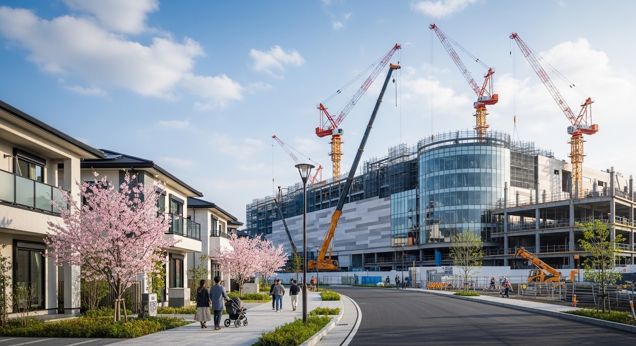 桜が咲く街で進む建設工事