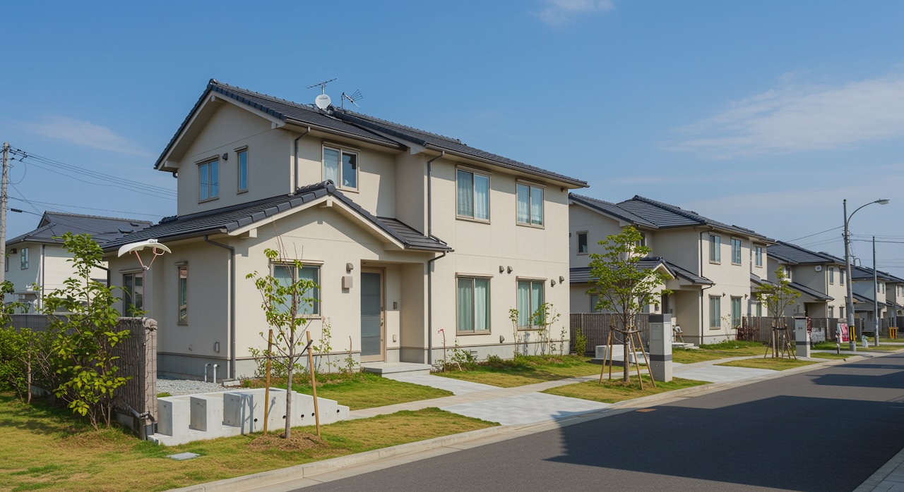 青空の下に並ぶ住宅街