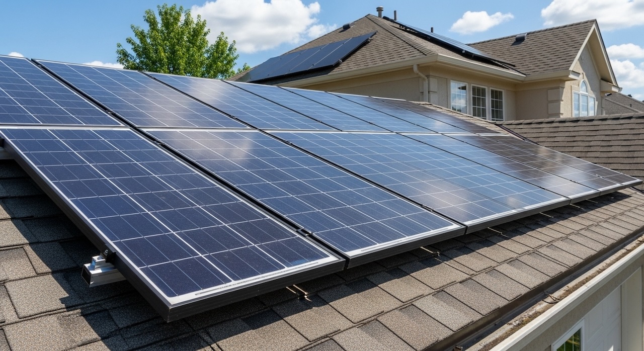 住宅の屋根に設置された太陽光パネル