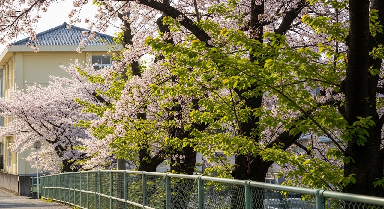 春の陽射しに桜が咲き誇る遊歩道