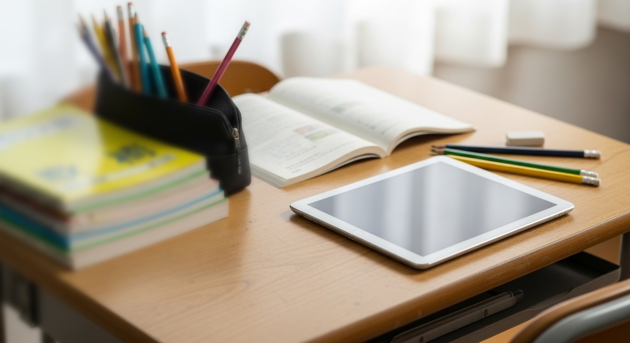 机の上に並ぶ勉強道具とタブレット