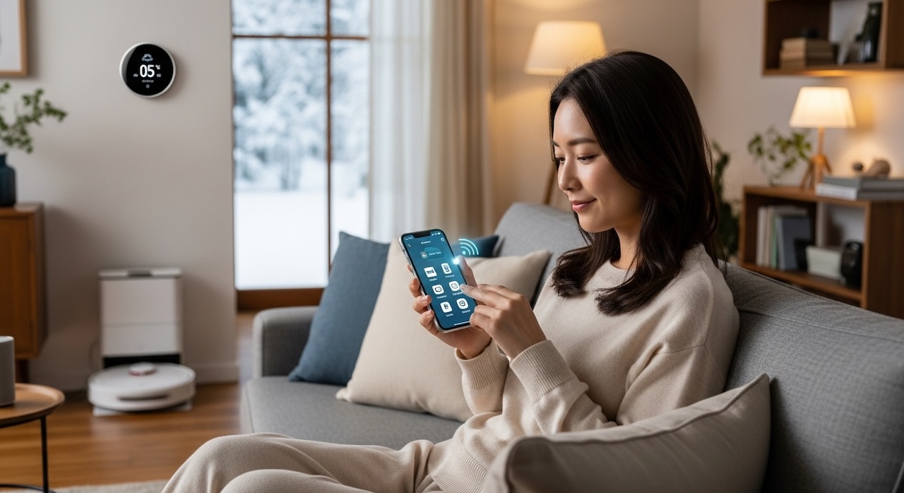 スマートフォンで家電を操作する女性