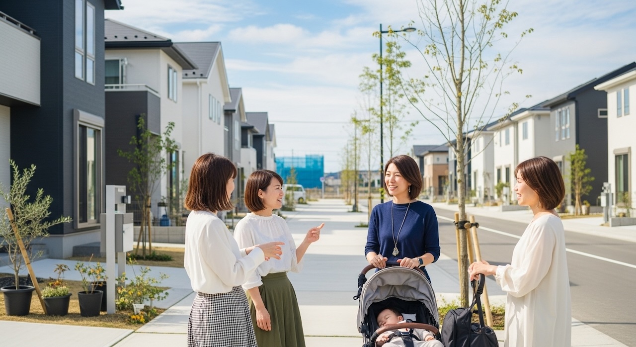 新しい住宅街で立ち話をする女性たち