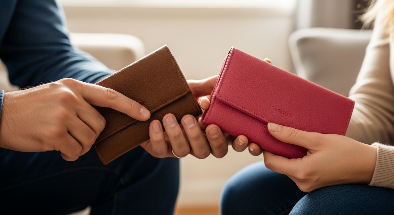 夫婦が財布を手に持ち向かい合う様子