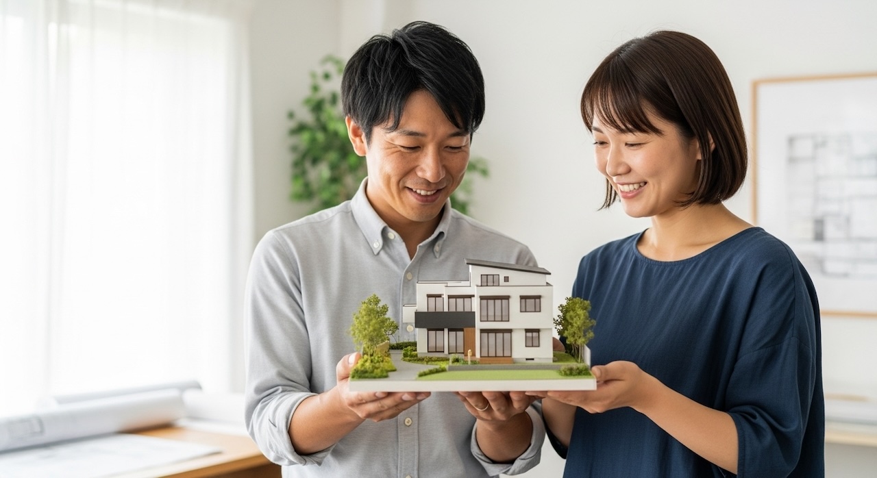 家の模型を嬉しそうに眺める夫婦
