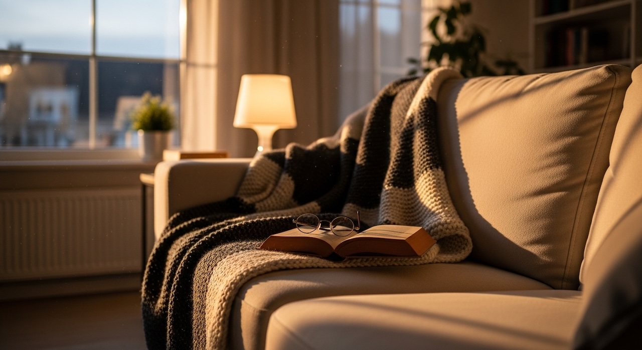 夕暮れの静かなリビングで本と眼鏡が置かれたソファ