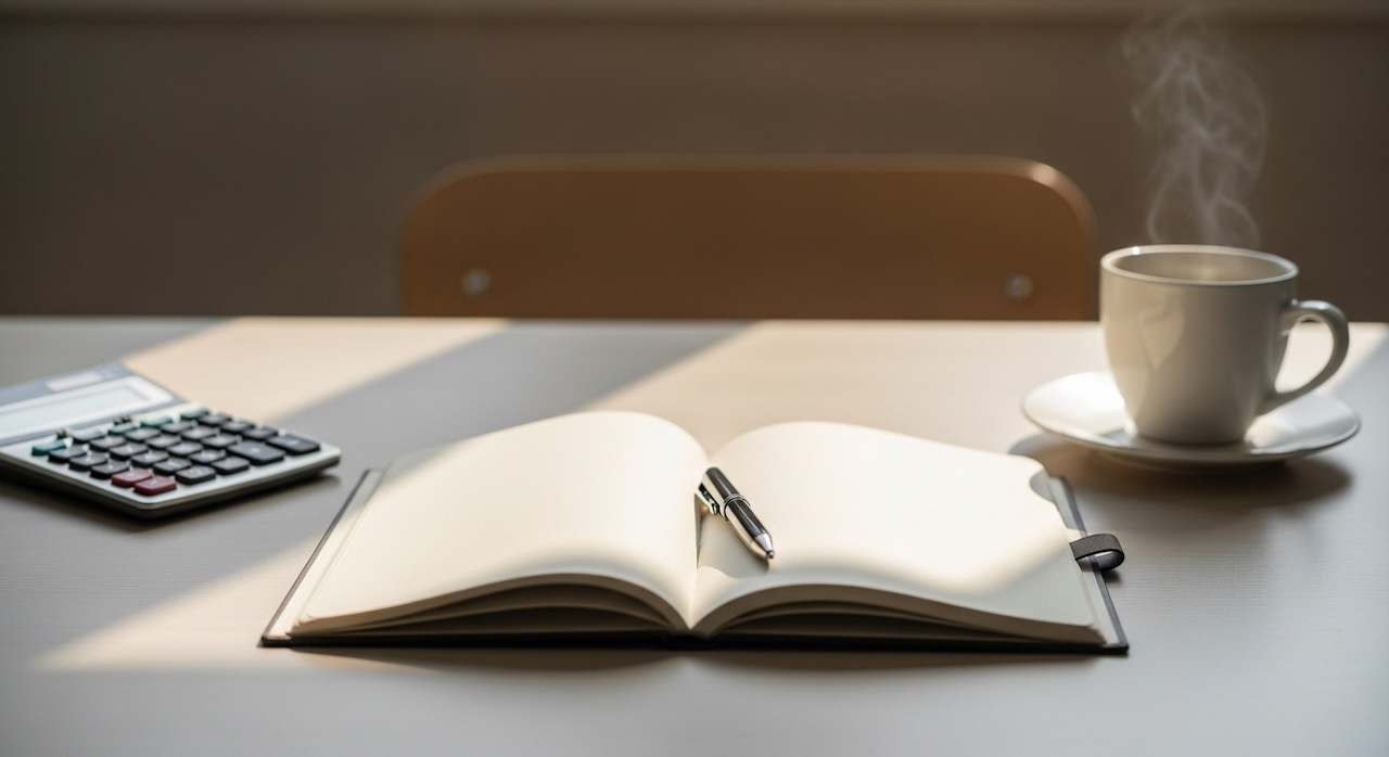 ノートと電卓、温かい飲み物が置かれた静かなデスク