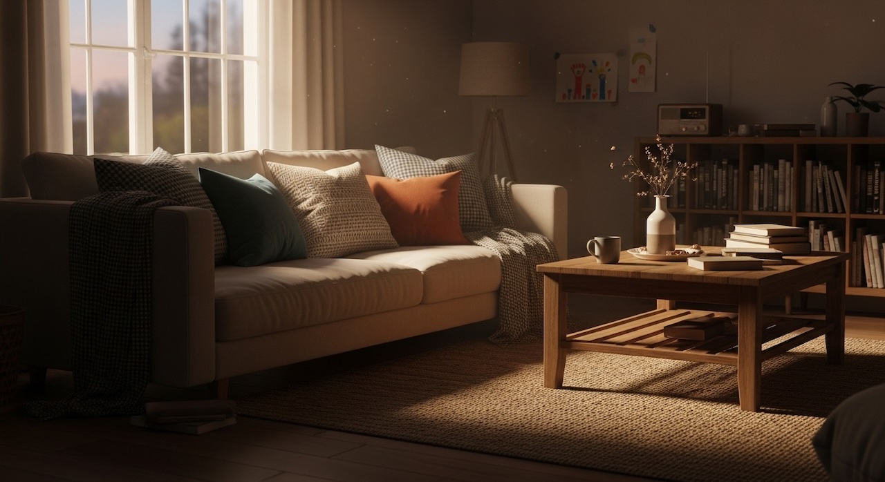 夕暮れの光に包まれたリビング