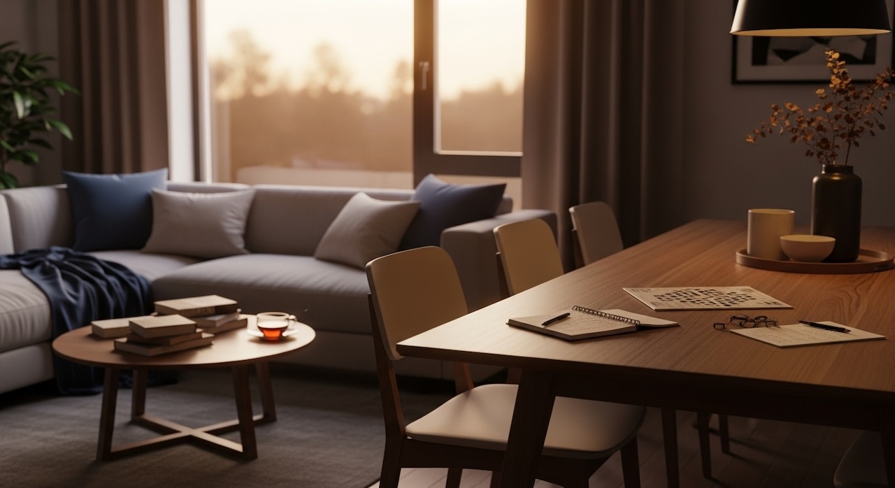 夕暮れの光が差し込む落ち着いた雰囲気のリビングダイニング