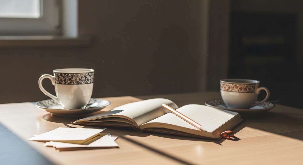 陽だまりの中でノートとコーヒーカップが並ぶテーブル