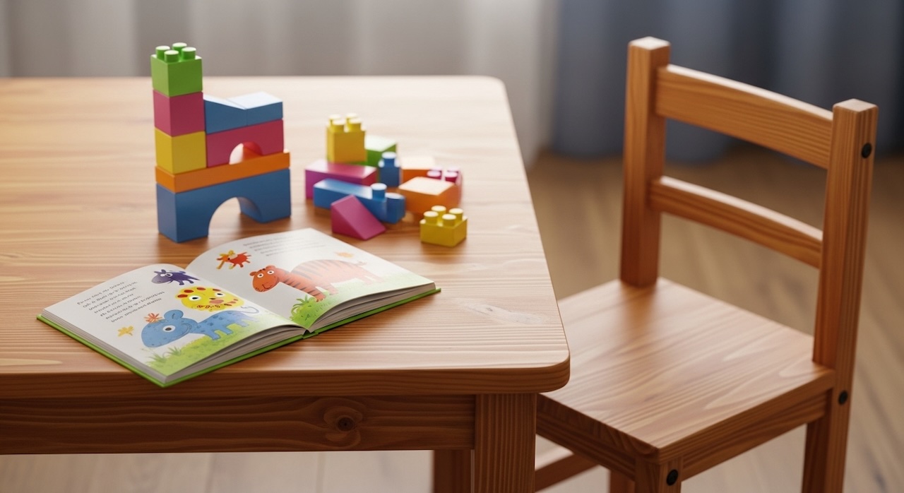 カラフルな積み木と絵本が置かれた子どもの机