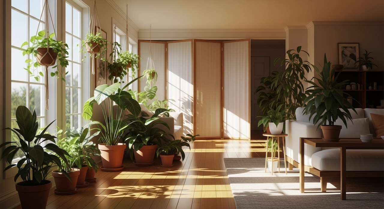 日差しを浴びた観葉植物が並ぶ明るいサンルーム