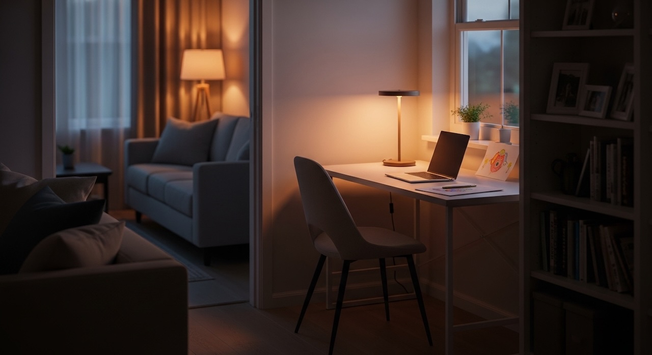 柔らかな明かりに照らされた落ち着いたワークスペース