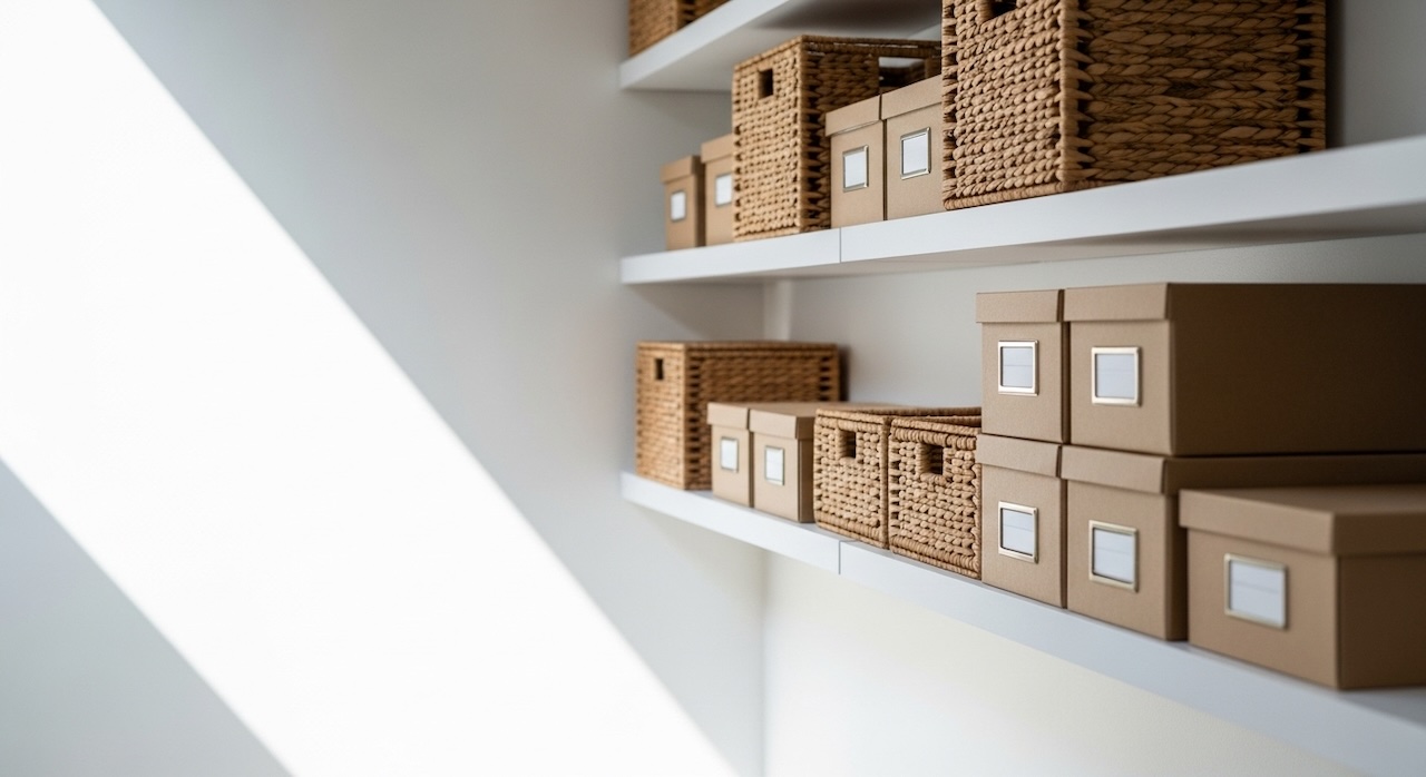 収納ボックスが整然と並ぶ棚