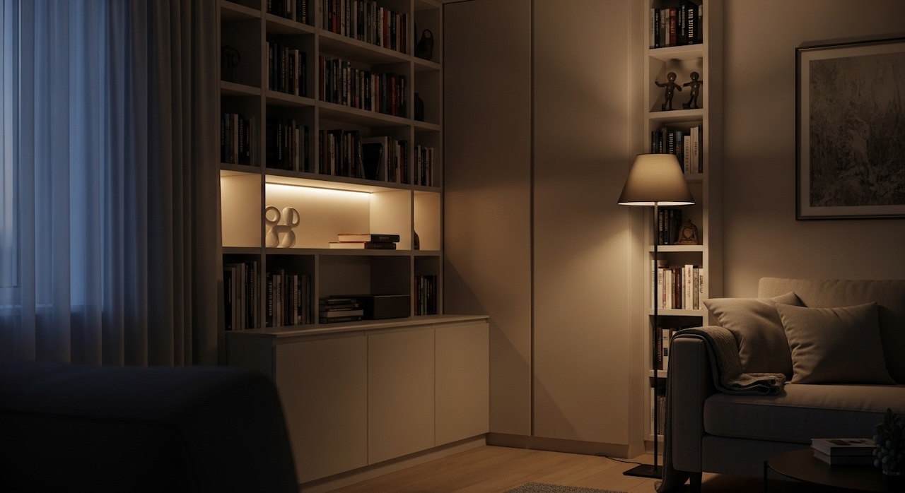 間接照明が灯る落ち着いた雰囲気のホームライブラリー