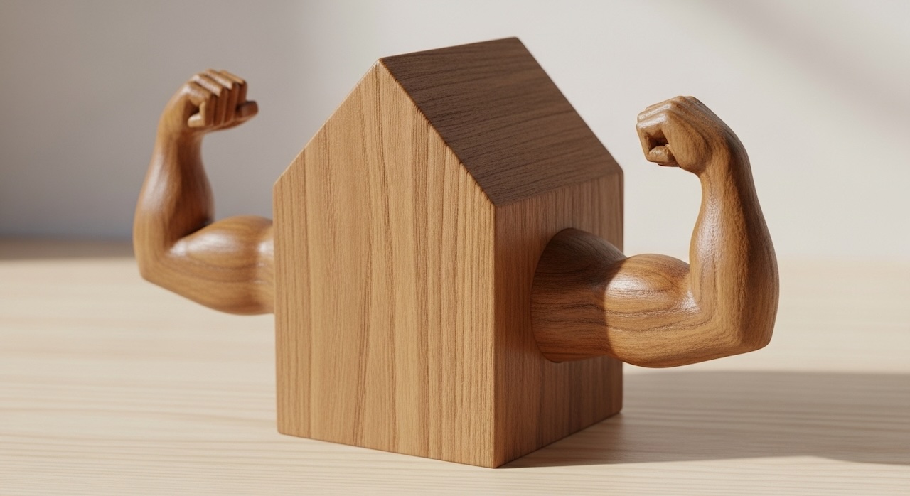 木の家から力こぶの腕が突き出したユニークな置物