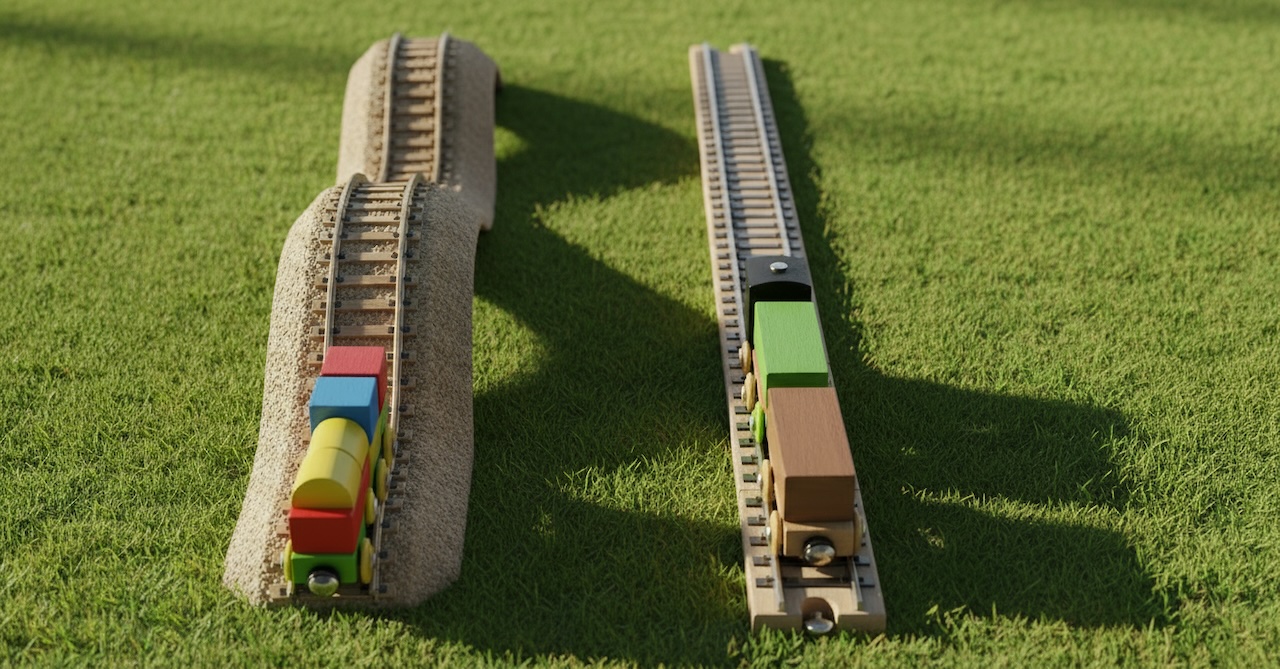 草原の上でレールを走るカラフルな木製列車の玩具