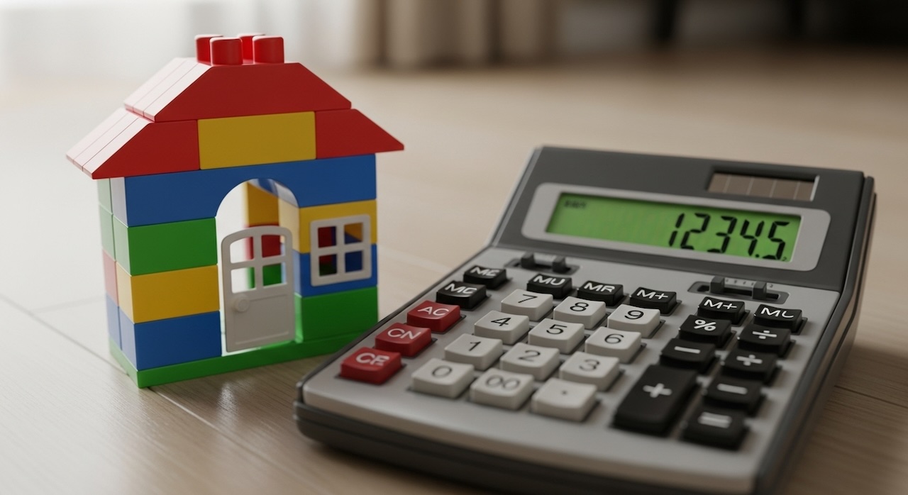 カラフルなブロックの家と電卓が並ぶ住宅費用のイメージ