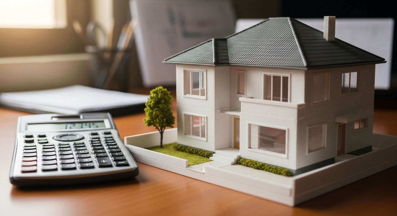 机の上に置かれた家の模型と電卓