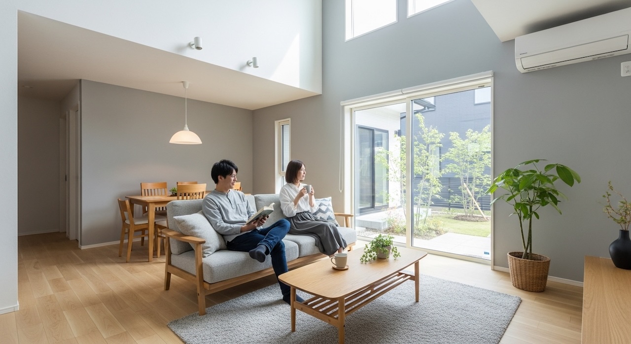 明るいリビングでソファに座ってくつろぐ様子