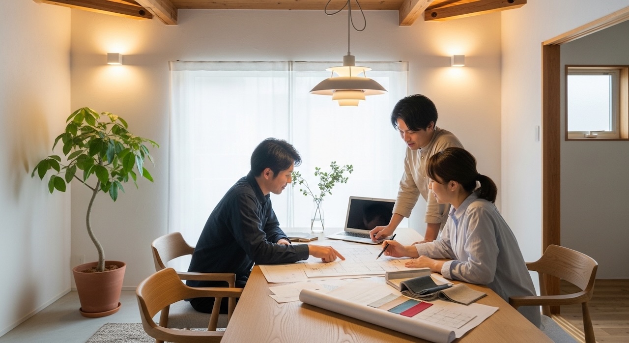 テーブルを囲んで図面を見ながら打ち合わせをする様子