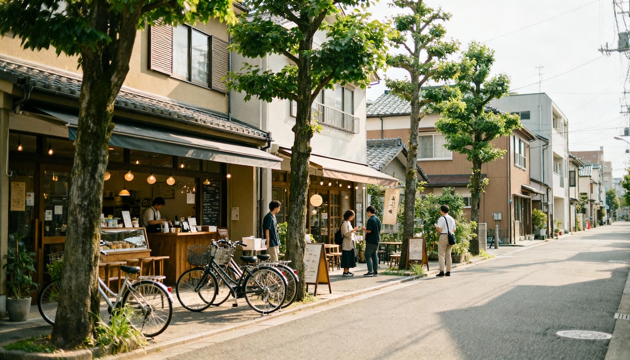 街路樹のある通りに並ぶカフェと人々の風景