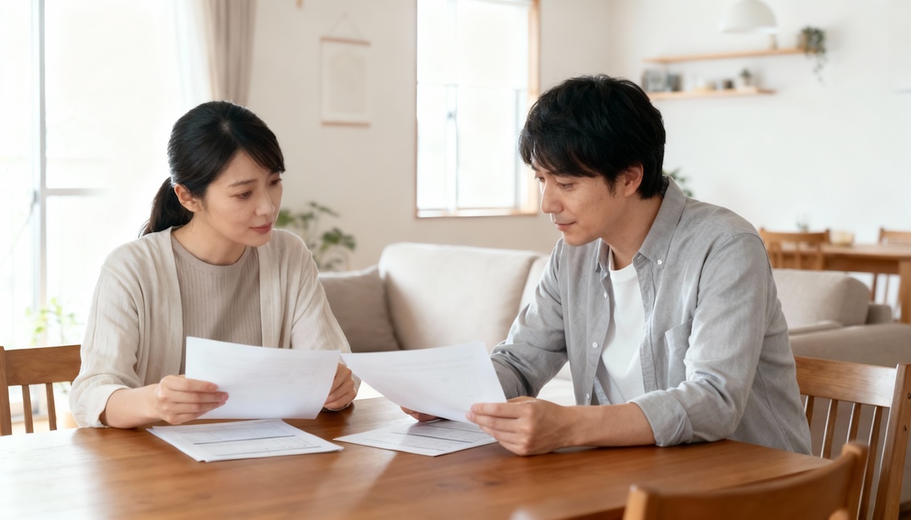 書類を手に向かい合って確認する夫婦