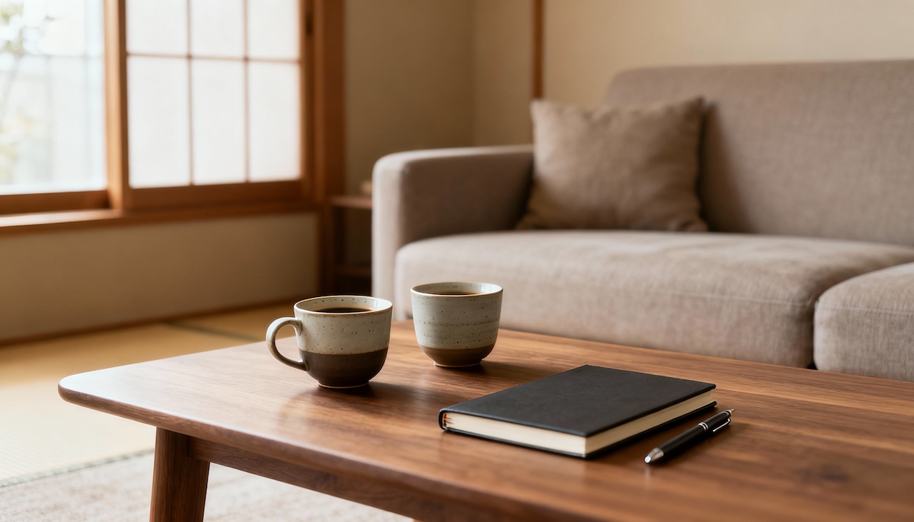 テーブルに置かれたコーヒーカップとノートのある落ち着いた室内