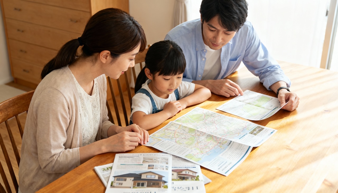 家族がテーブルで地図や住宅情報を見て相談している様子