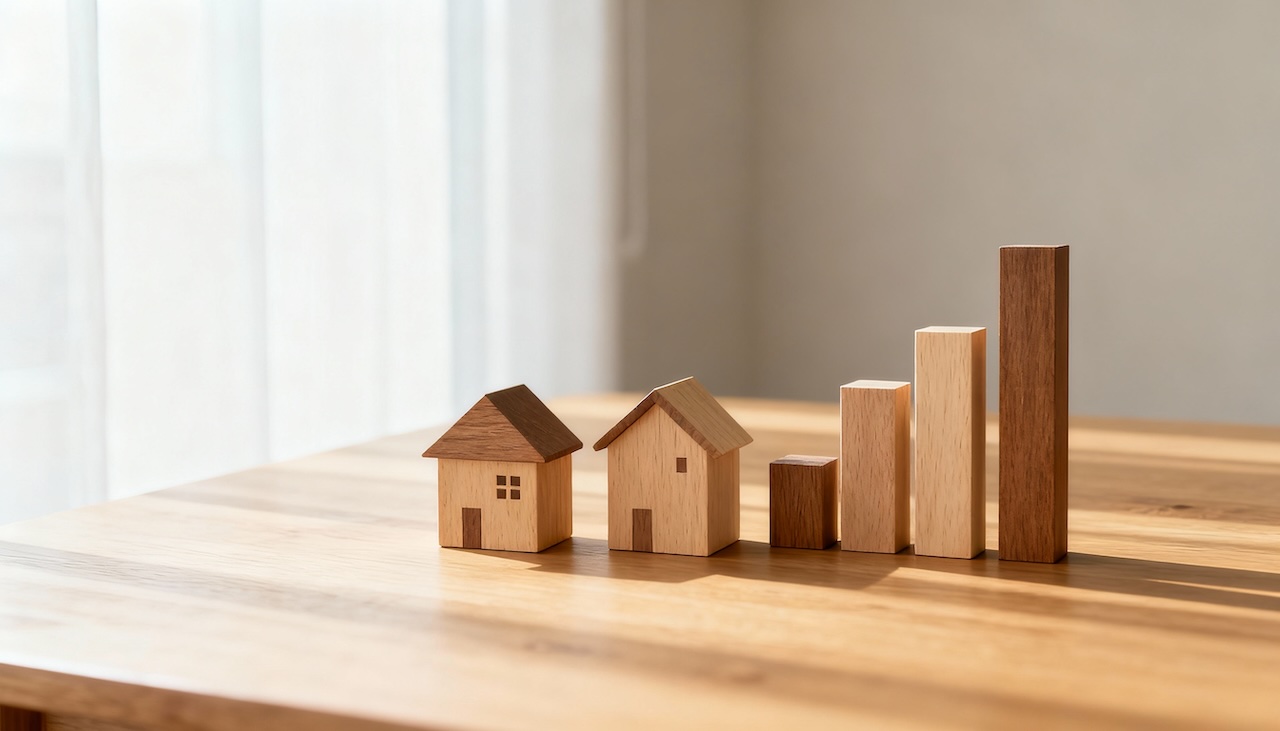 木製の家の模型と棒グラフが並ぶテーブルの上の風景