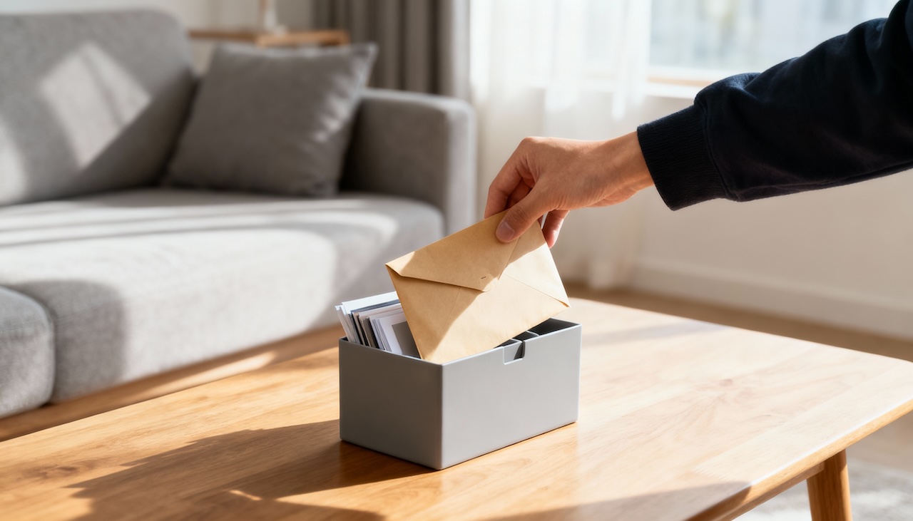 書類箱に封筒を入れる様子