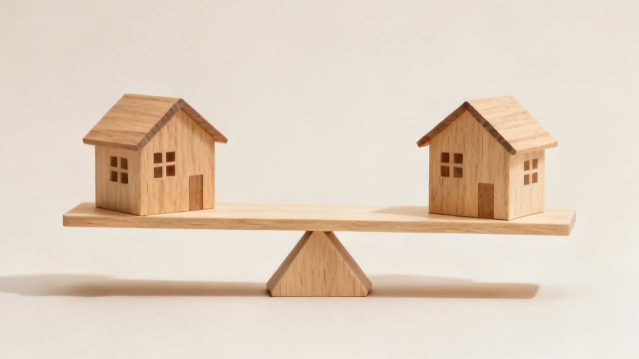 二つの木製の家がシーソーの上でつり合っている模型
